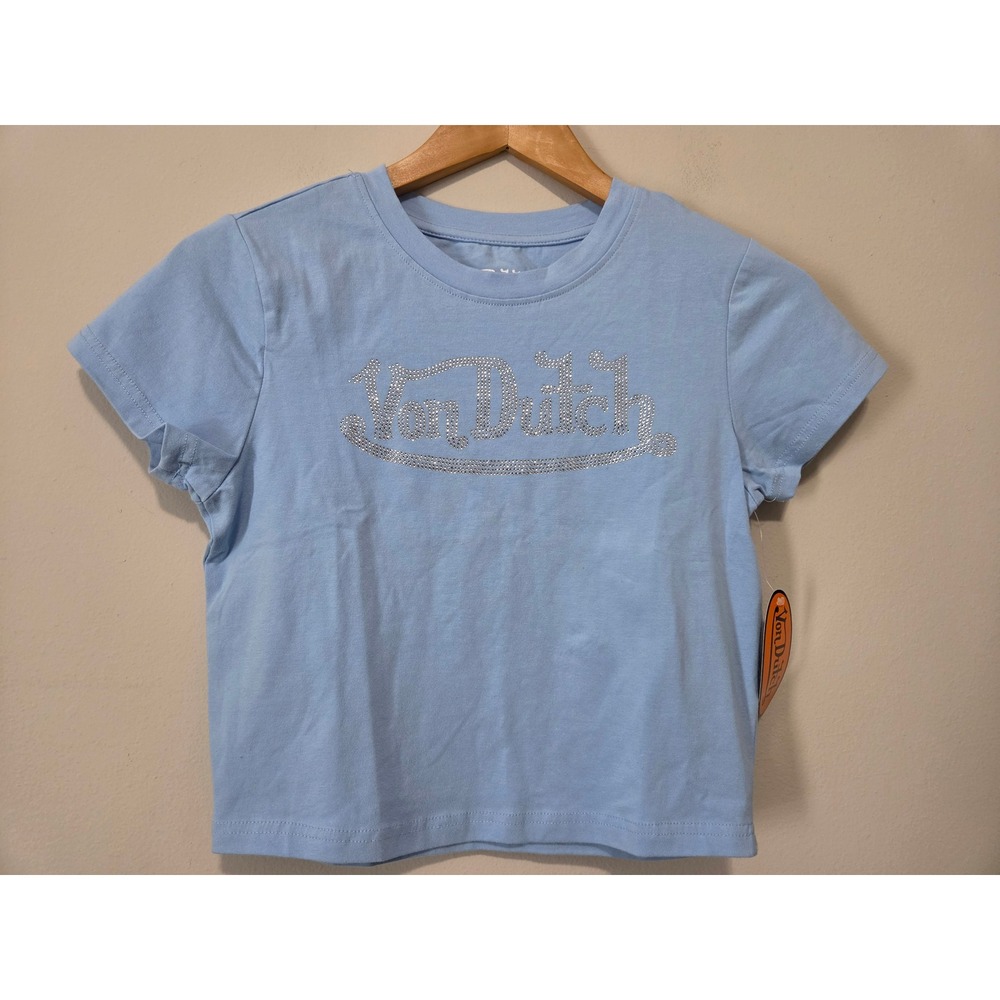 Von Dutch Light Blue Rhinestone Logo Baby Tee Y2K Crop Top Small NWT